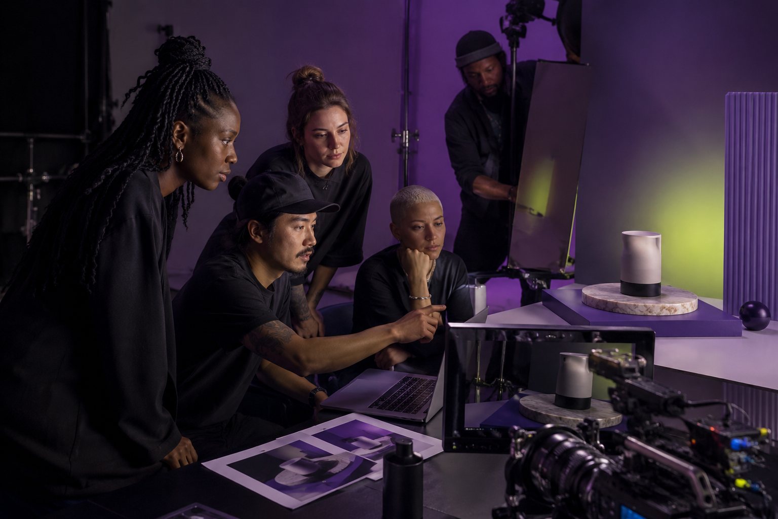 Creative team directing a product campaign content shoot