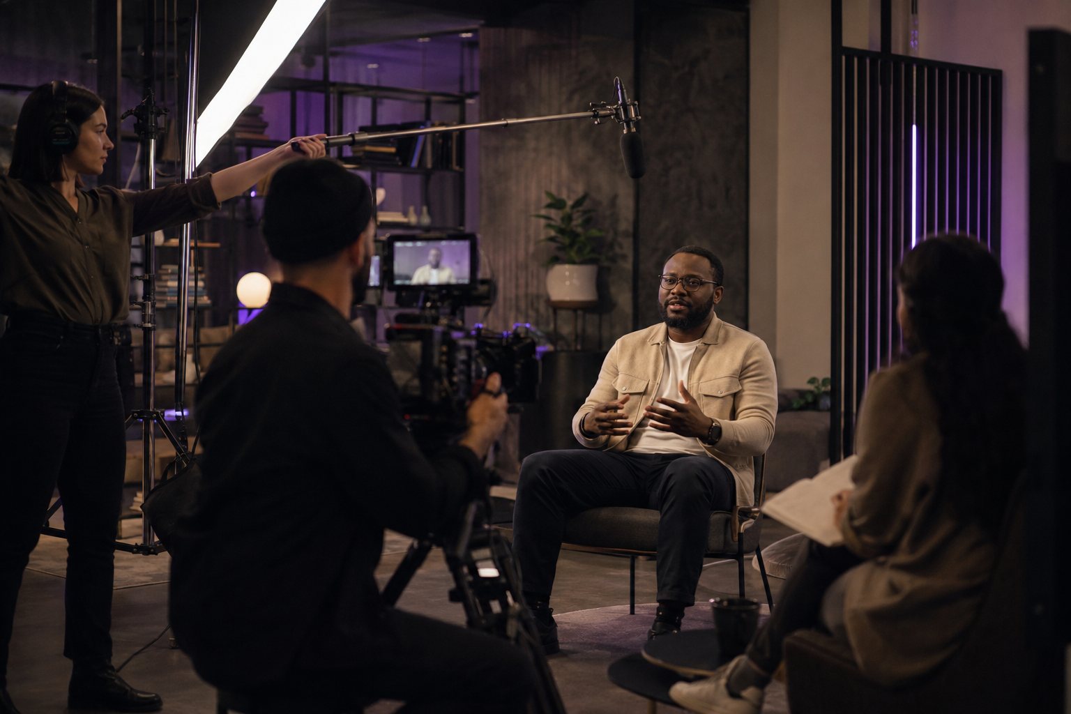 Production team filming an entrepreneur interview in a modern studio